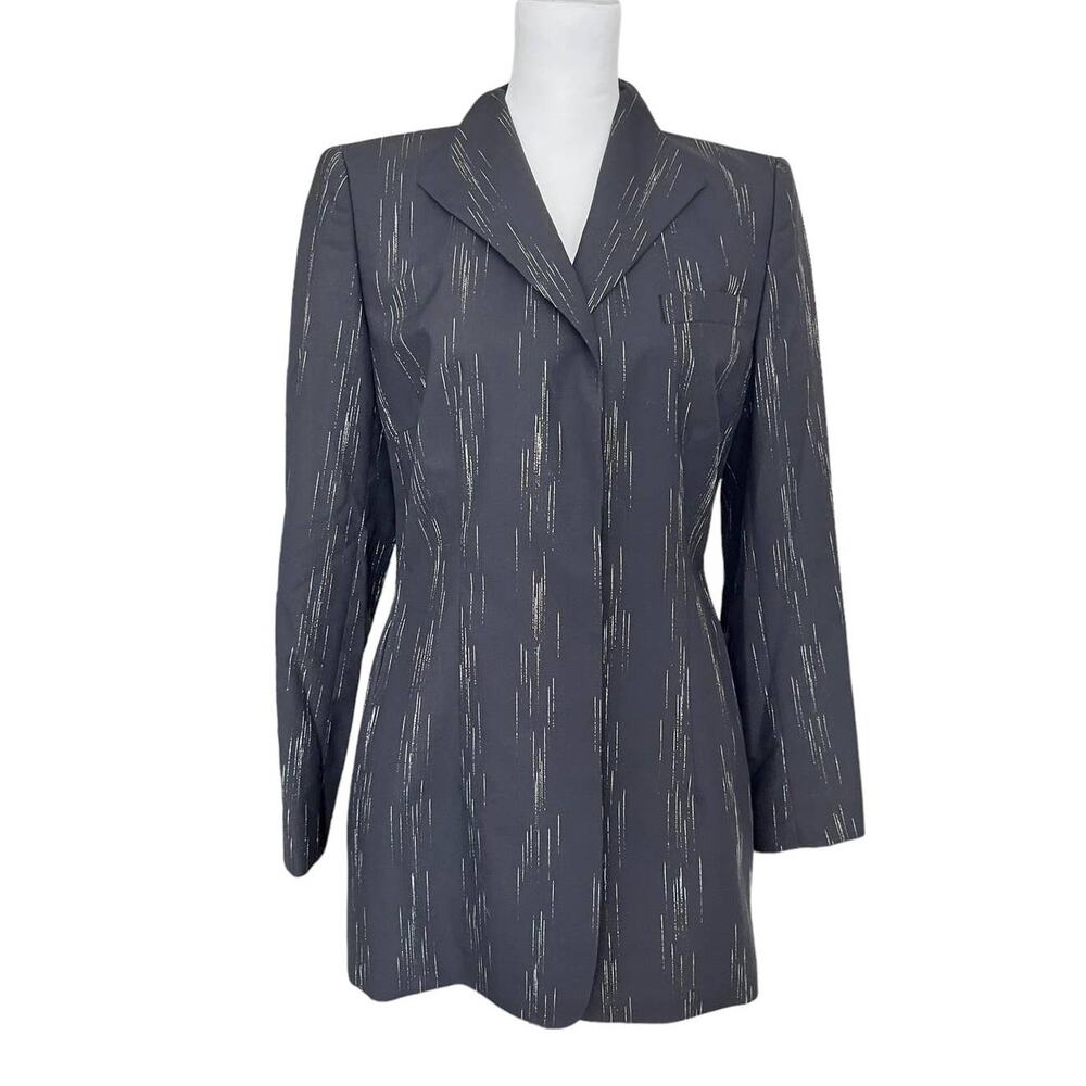 Vintage Escada Long Black Blazer Striped with Silver Size 38 (Small)